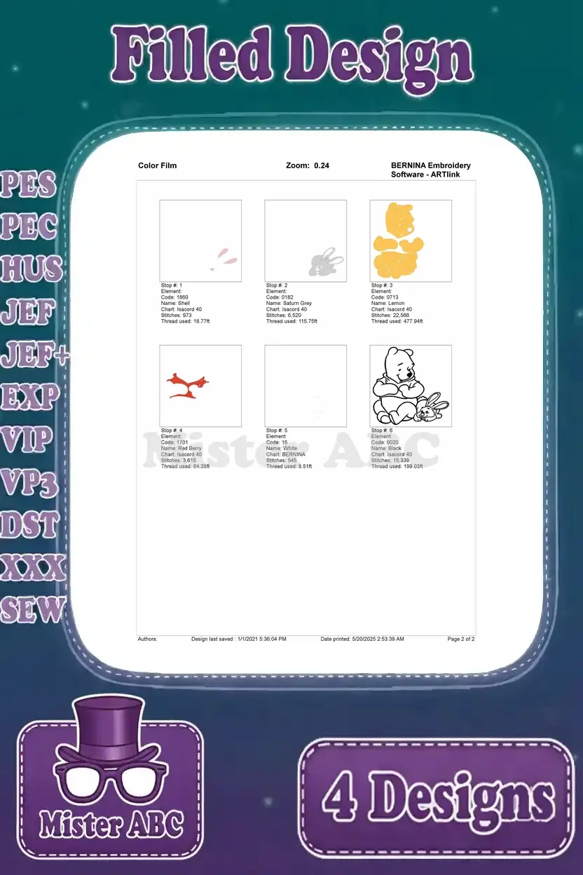 Color film for Winnie the Pooh sitting with a rabbit embroidery, illustrating the precise stitching order by color.