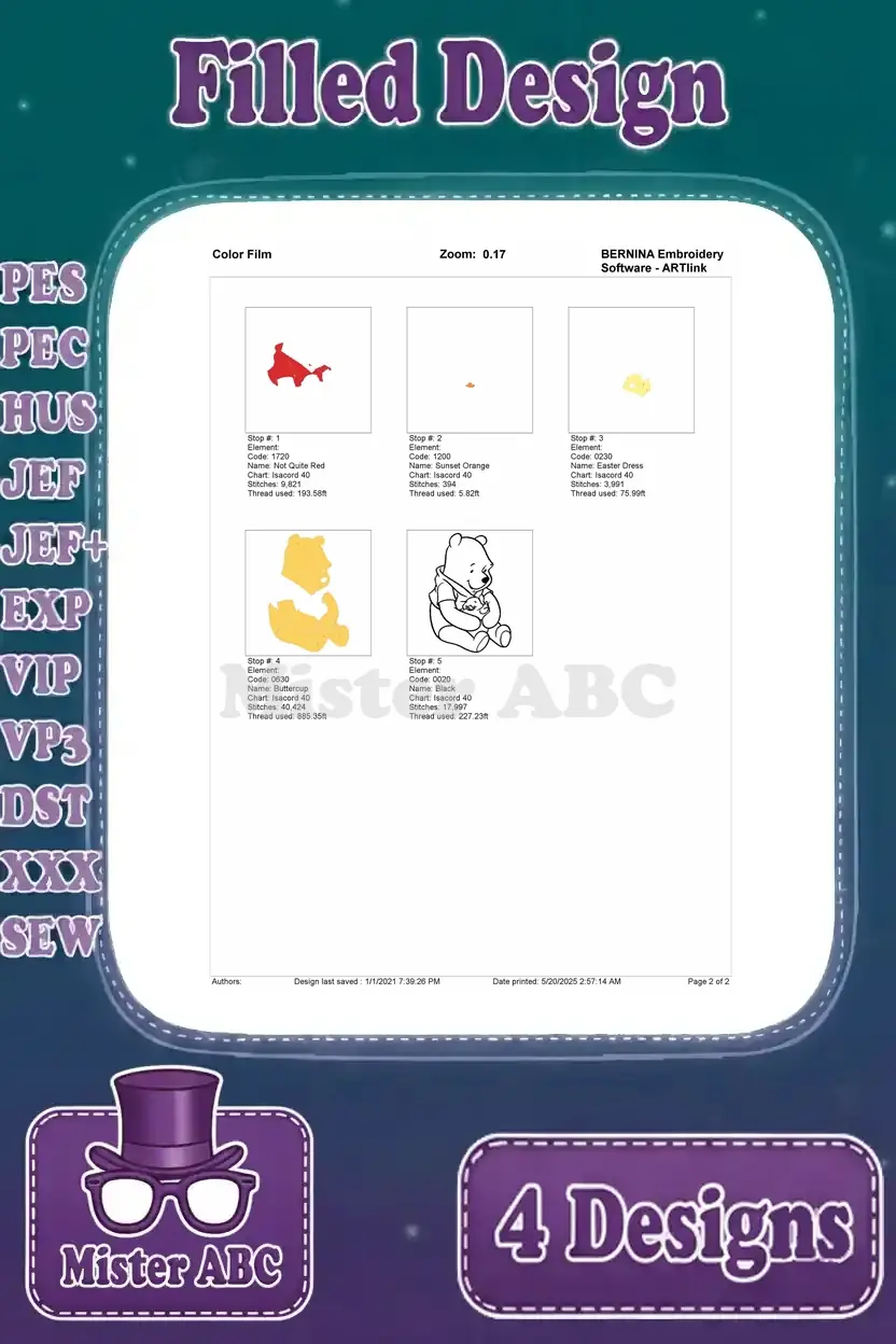 Color film breakdown for the Winnie the Pooh embroidery design, illustrating the exact stitch order and color layers.
