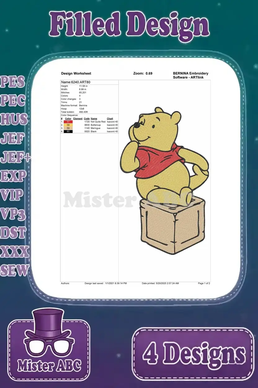 Design worksheet for a Winnie the Pooh filled embroidery design, depicting Pooh sitting thoughtfully on a wooden box.