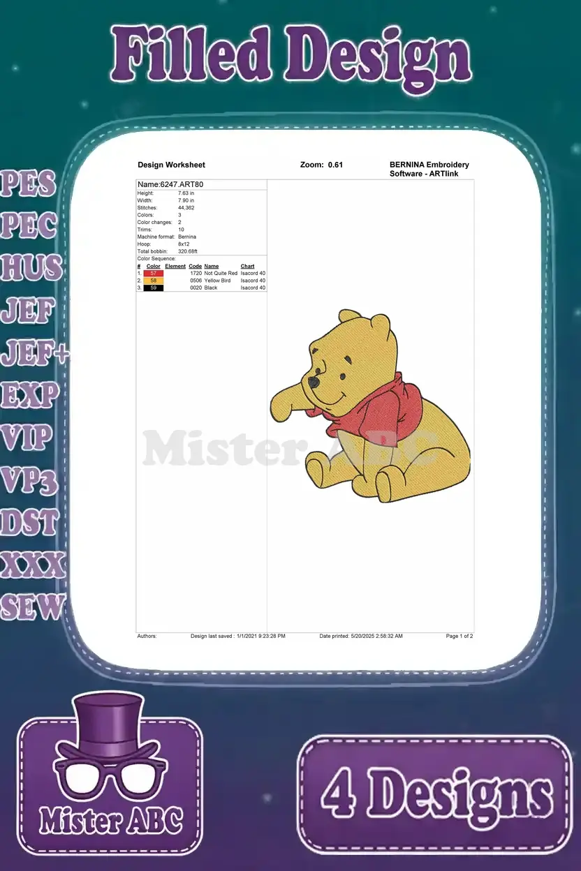 Detailed design worksheet for a sitting Winnie the Pooh filled embroidery, showing stitch count and color sequence.