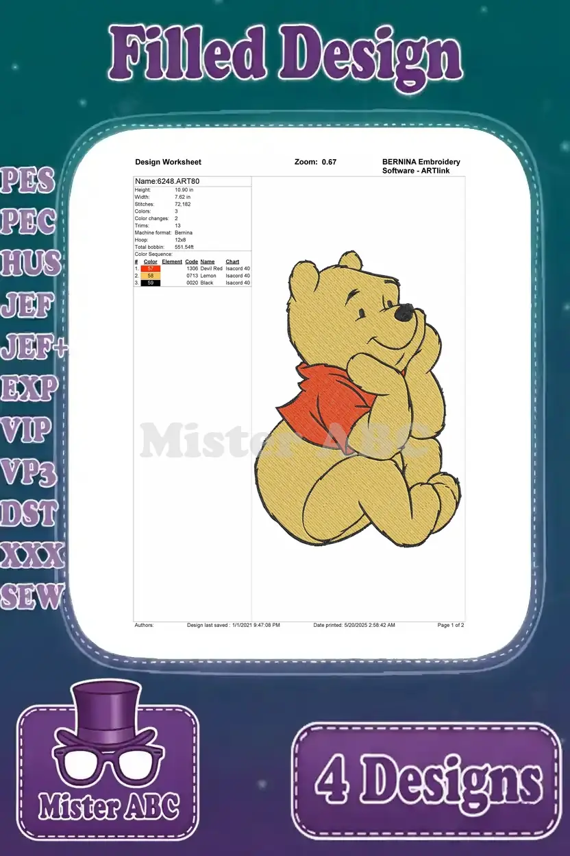 Design worksheet for Winnie the Pooh resting his chin on his hand, detailing stitches, colors, and dimensions.
