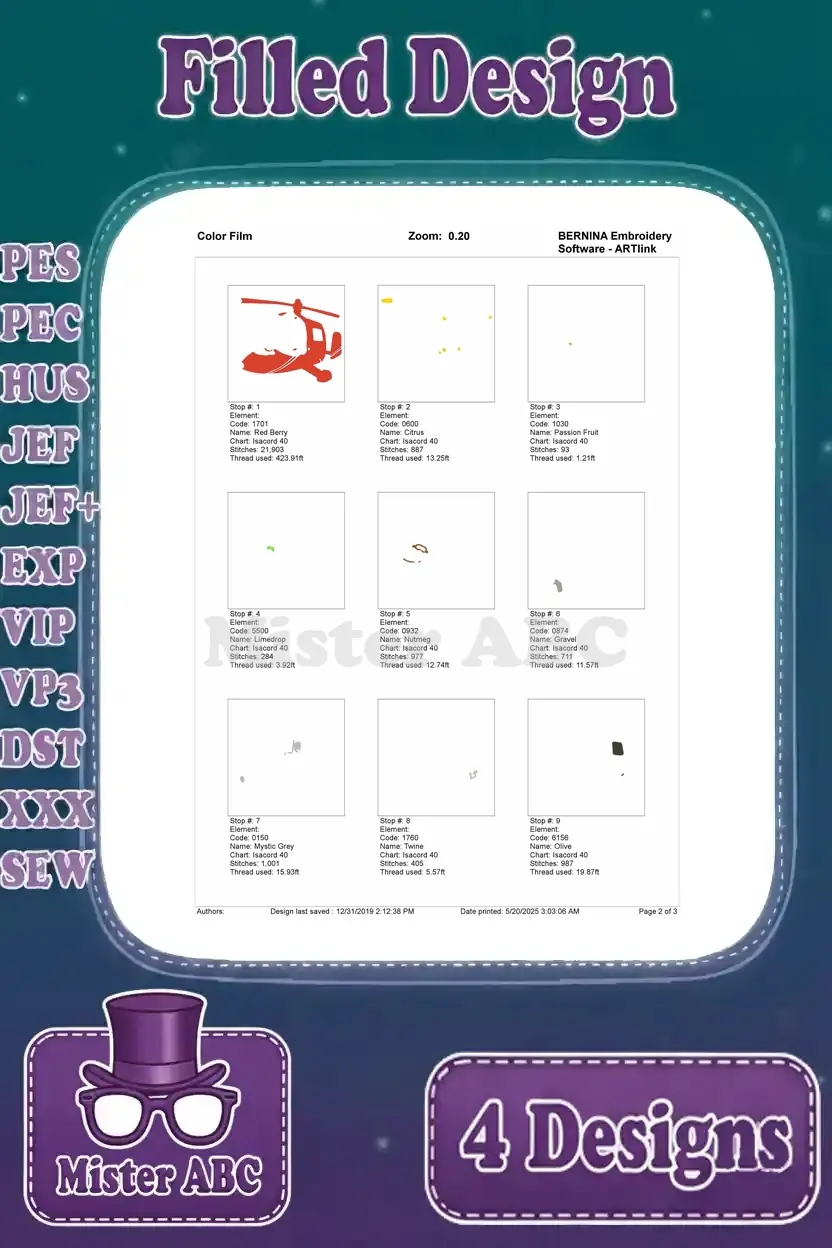 First page of the color film for Postman Pat's helicopter, detailing initial thread changes and stitch areas.