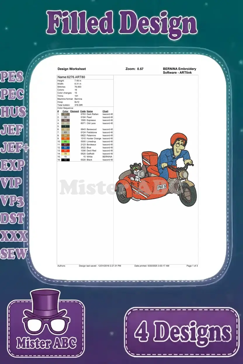 Comprehensive design worksheet for the Postman Pat motorcycle and sidecar, detailing thread colors and stitch data.
