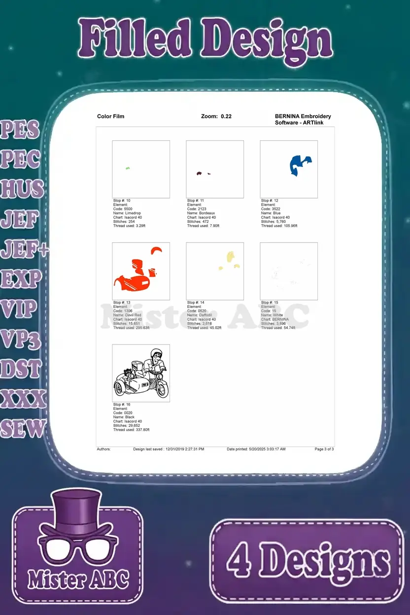 Second page of the color film for Postman Pat's motorcycle, showing ongoing thread changes and design development.