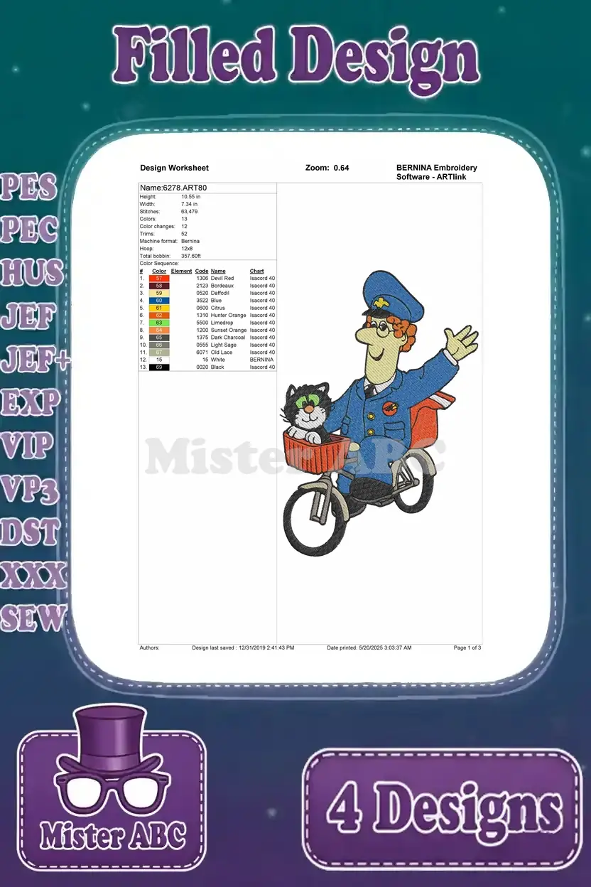 Detailed design worksheet for Postman Pat on a bicycle with Jess, showing thread colors and stitch specifications.