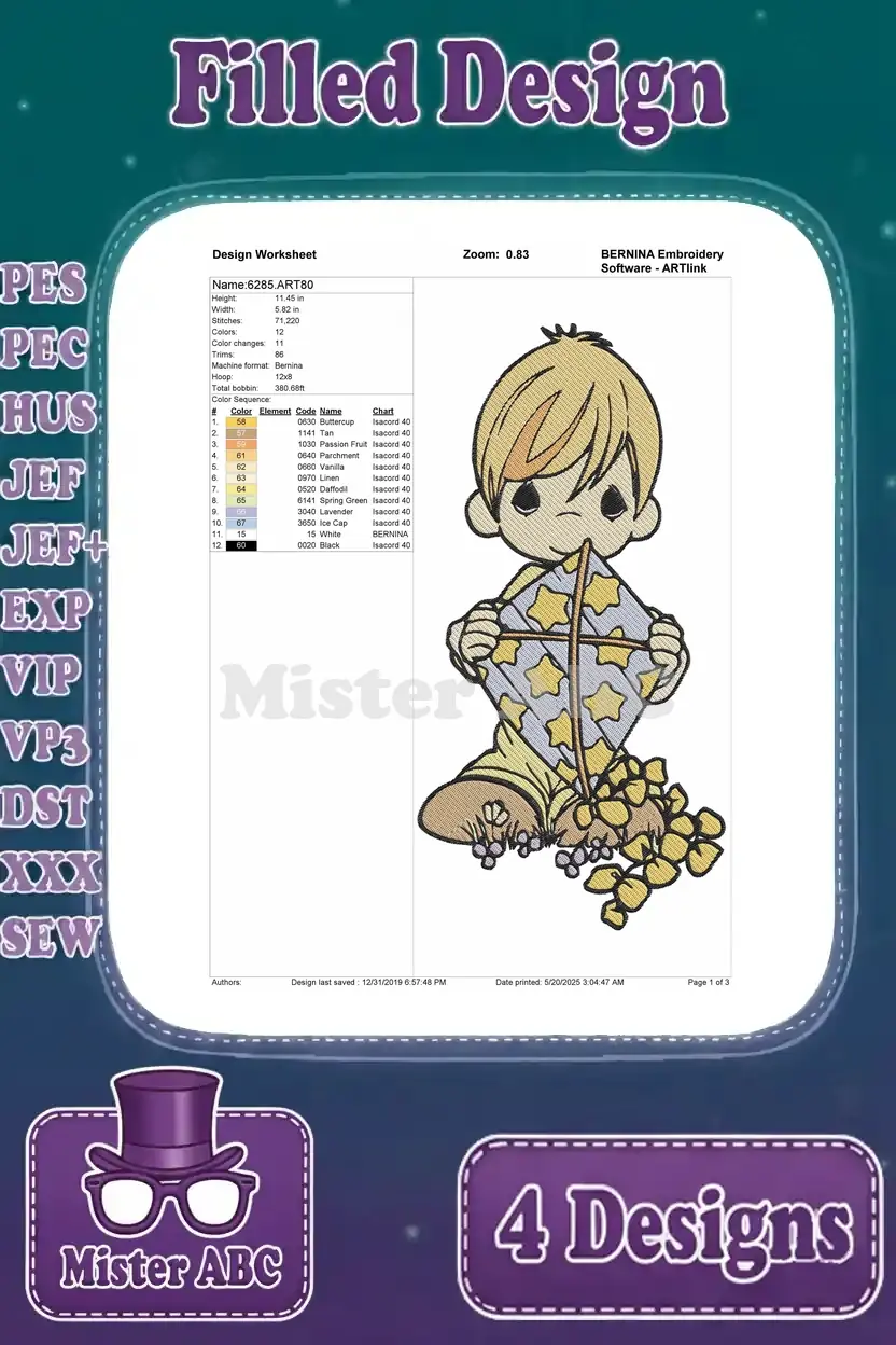 A detailed design worksheet for the 'Boy with Kite' embroidery, showing stitch count, colors, and dimensions.