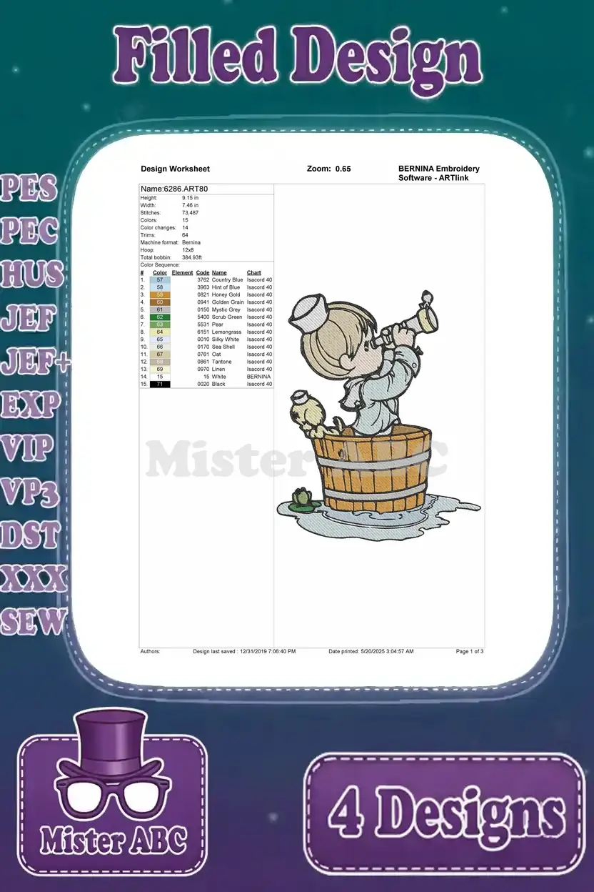 A detailed design worksheet for the 'Sailor Boy in Barrel' embroidery, showing stitch count, colors, and dimensions.