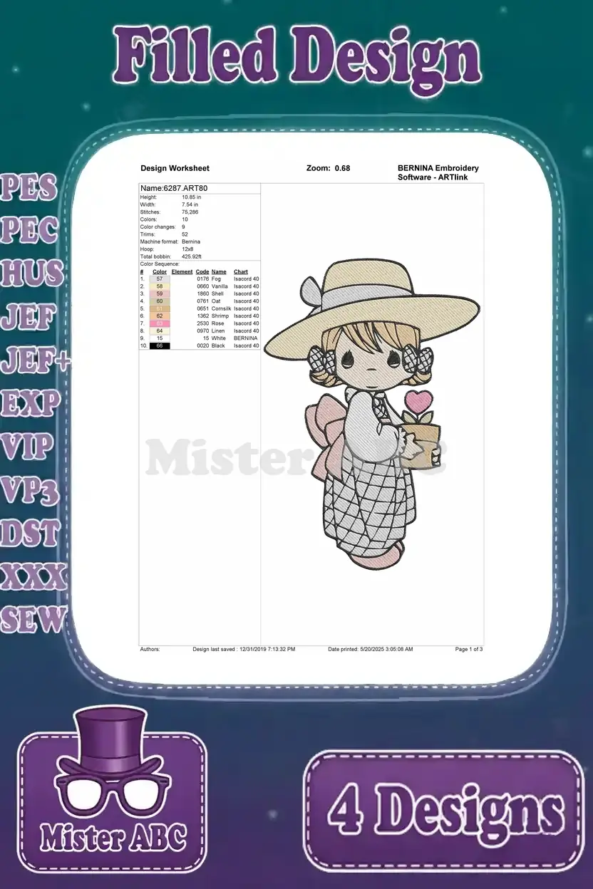 A detailed design worksheet for the 'Girl with Hat and Heart' embroidery, showing stitch count, colors, and dimensions.