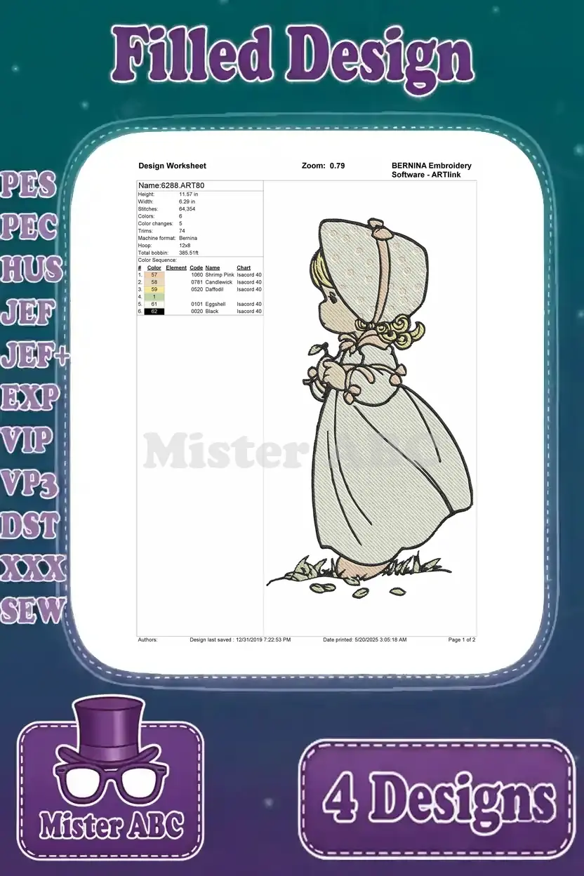 A detailed design worksheet for the 'Girl in Bonnet' embroidery, showing stitch count, colors, and dimensions.