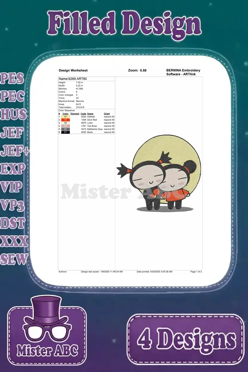 Detailed embroidery design worksheet for Pucca and Garu with a moon, showing stitches, colors, and thread information.