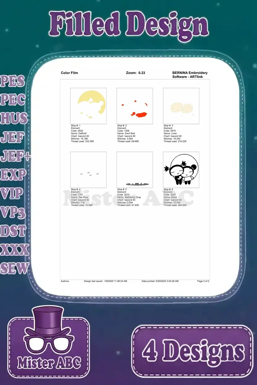 Color film breakdown for the Pucca and Garu moon design, illustrating the precise stitching sequence per color.