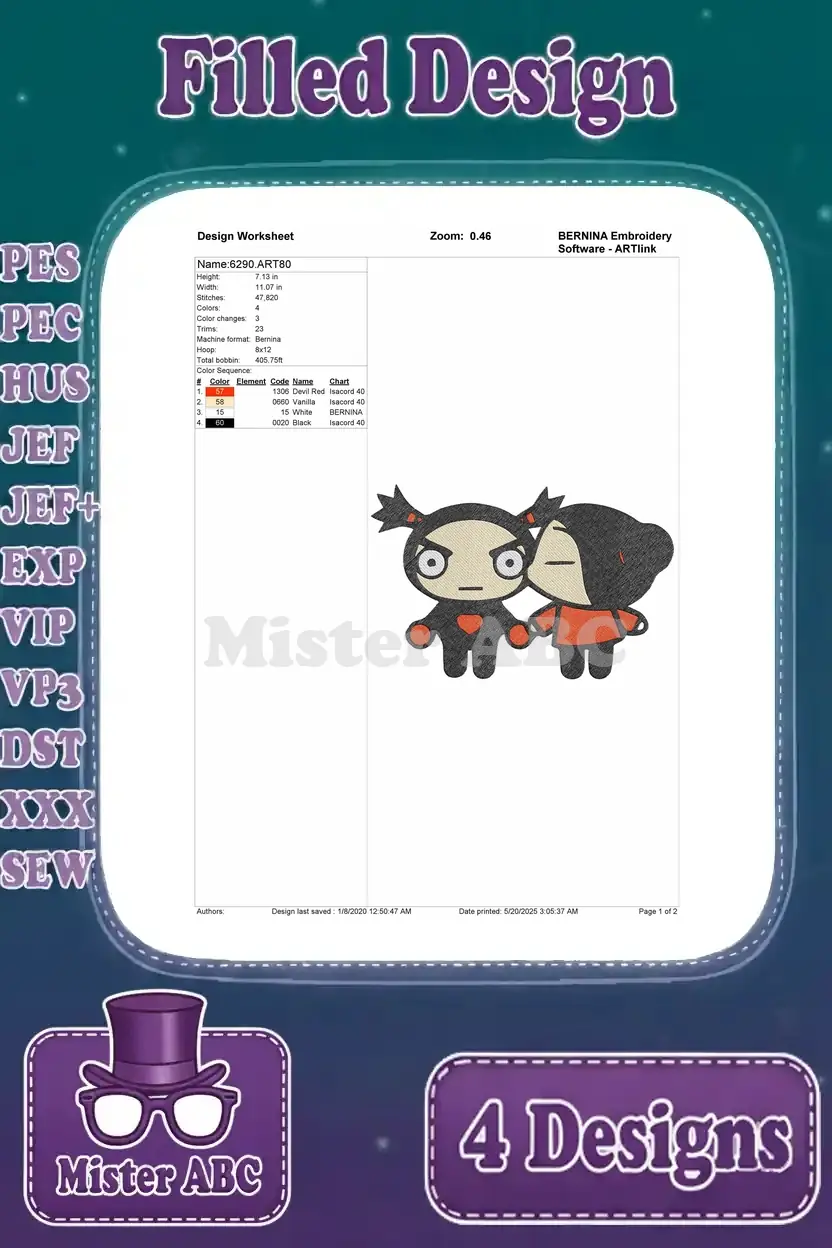 Comprehensive design worksheet for the second Pucca and Garu embroidery, detailing stitch count, colors, and dimensions.