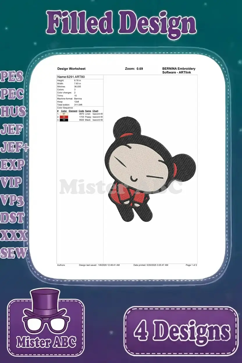 Detailed design worksheet for the third Pucca solo embroidery, outlining stitch count, colors, and size.