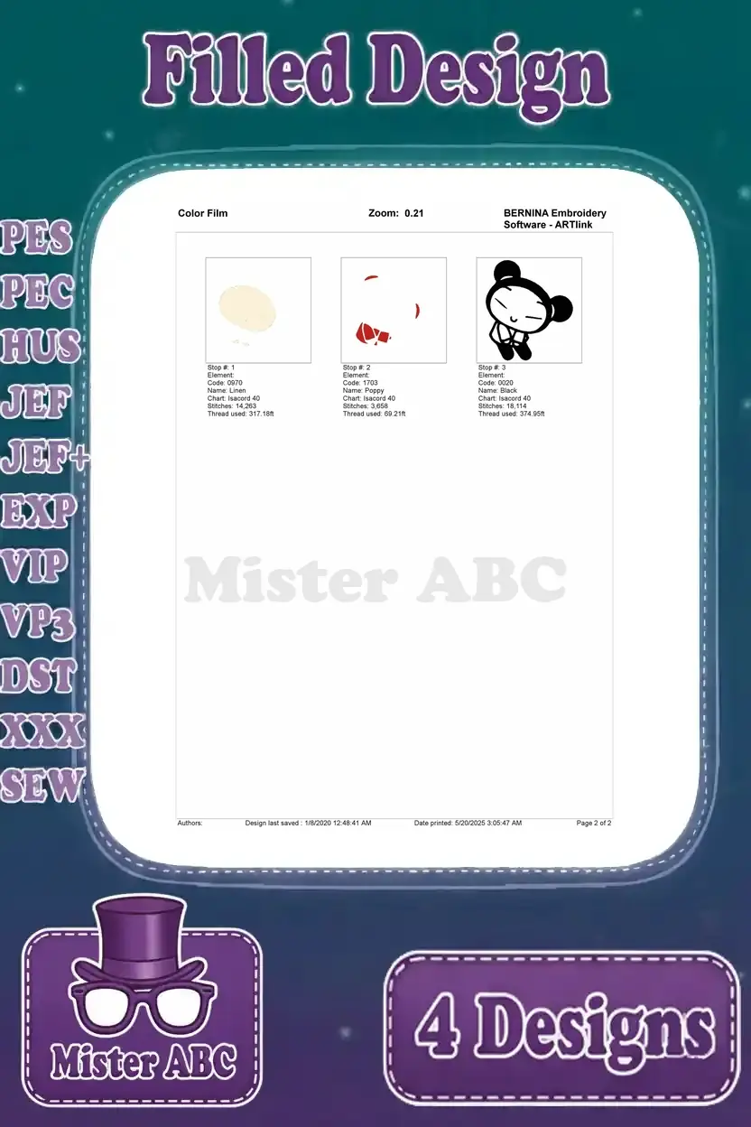 Color film sequence for the winking Pucca solo design, illustrating the build-up of colors and stitches.