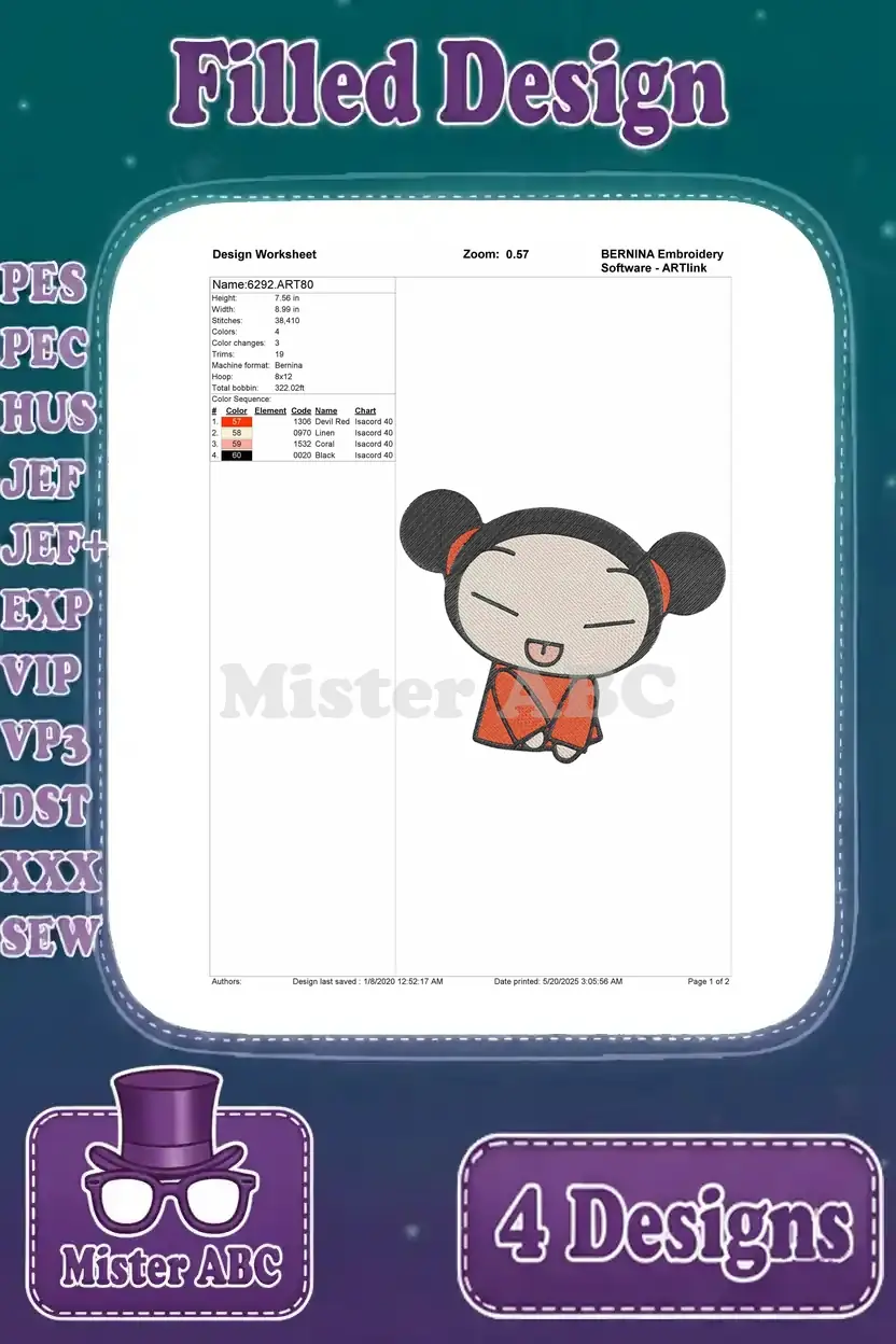 Detailed design worksheet for the fourth Pucca solo embroidery, including stitch count, colors, and dimensions.