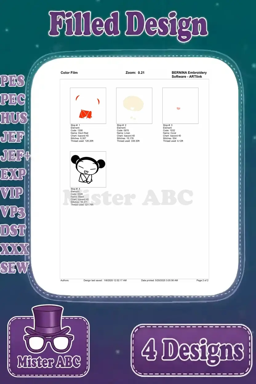 Color film sequence for the playful Pucca tongue out design, showing the layering of colors for embroidery.
