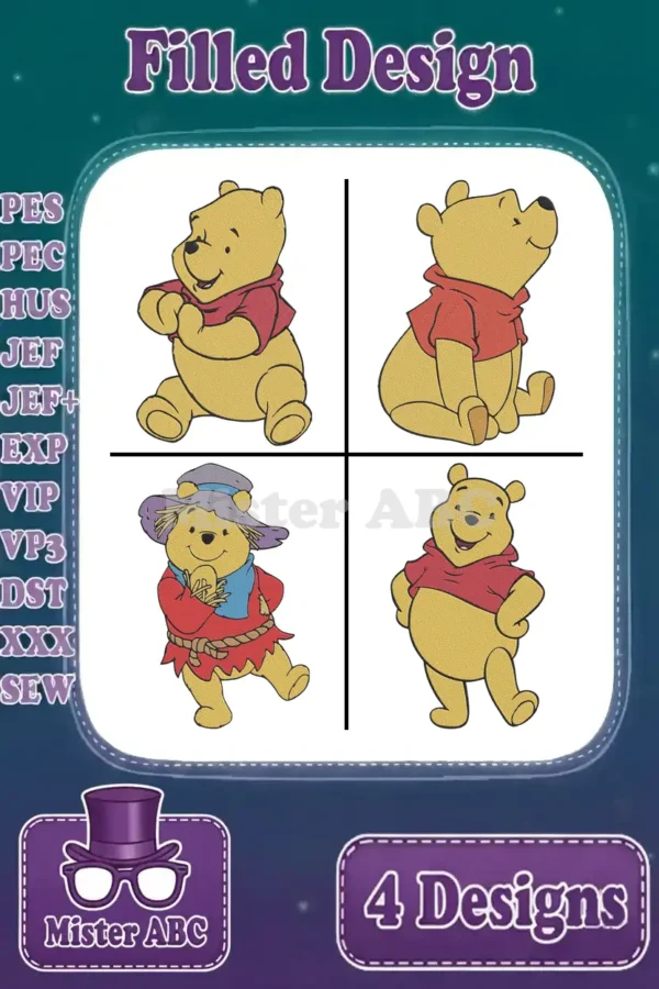 A vibrant display of four distinct Winnie the Pooh filled embroidery designs, showcasing various poses and one scarecrow outfit.