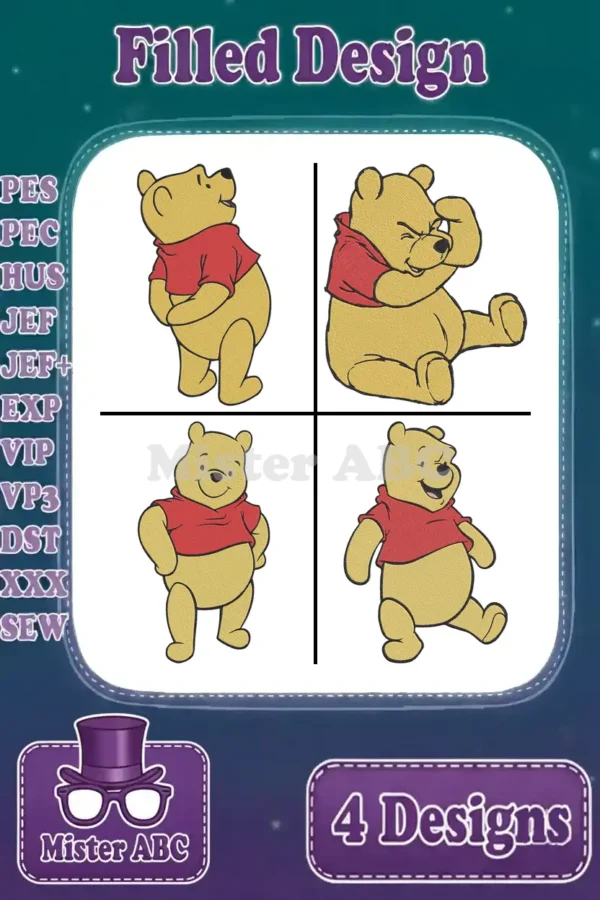 Four iconic Winnie the Pooh filled embroidery designs, each in a unique pose, ready for various creative projects.