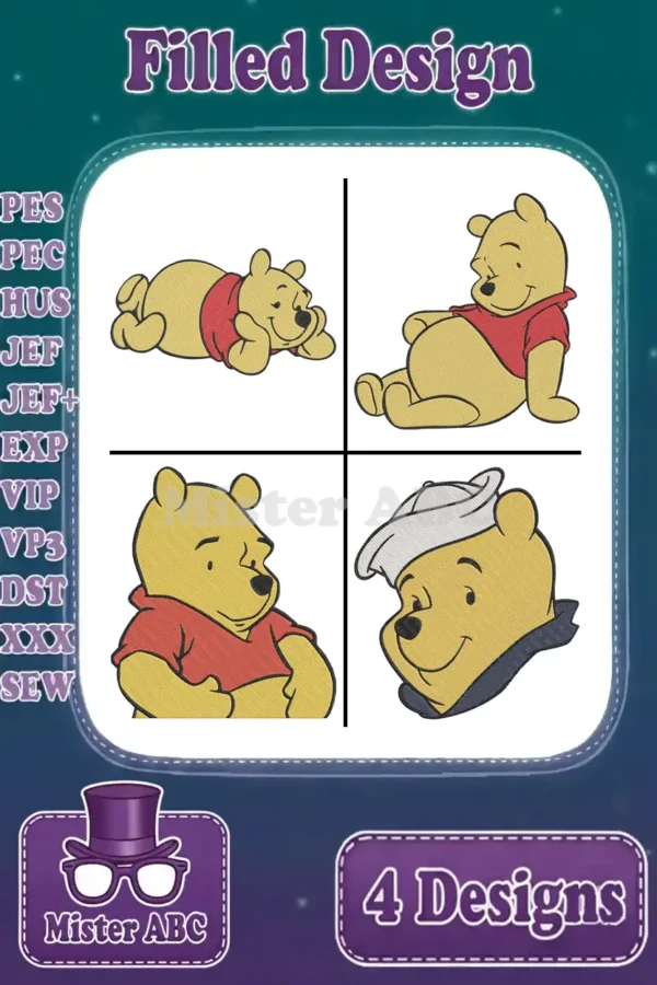 Four adorable Winnie the Pooh filled embroidery designs in various playful poses, showcasing a versatile bundle for crafters.