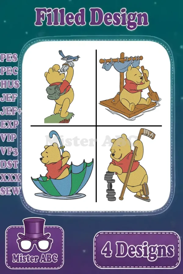 Four charming Winnie the Pooh filled embroidery designs: Pooh with bird, Pooh rafting, Pooh in umbrella, Pooh playing hockey.