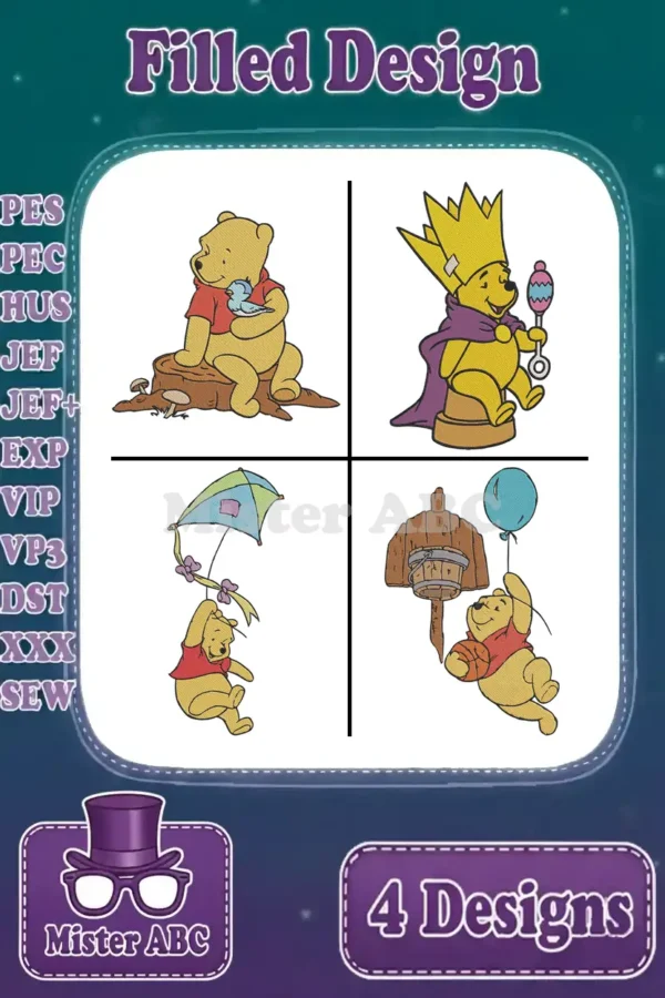 A vibrant grid displaying four distinct Winnie the Pooh filled embroidery designs, highlighting various poses and themes.