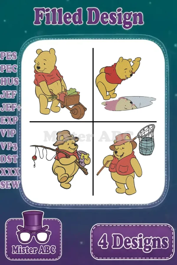 A vibrant collection of four Winnie the Pooh filled embroidery designs, perfect for adding charm to any fabric project.