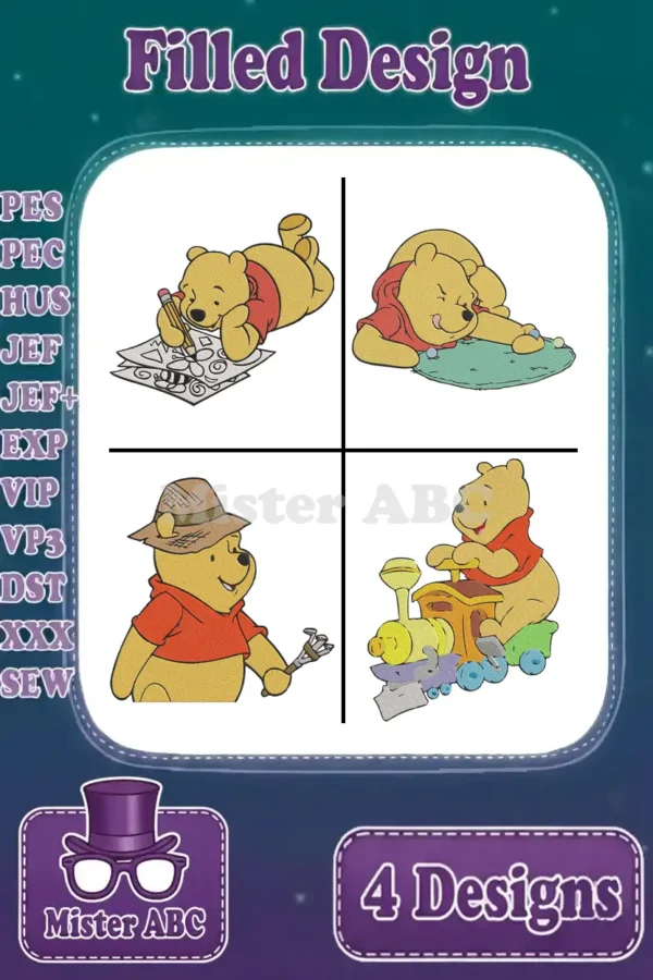 A vibrant collage of four filled embroidery designs featuring Winnie the Pooh in various charming poses: drawing, sleeping, exploring, and riding a train. Showcases multiple supported file formats.