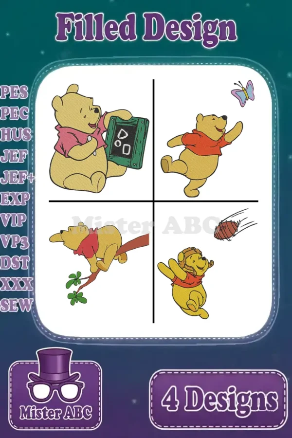 Main product image displaying four distinct filled embroidery designs of Winnie the Pooh in various playful poses.