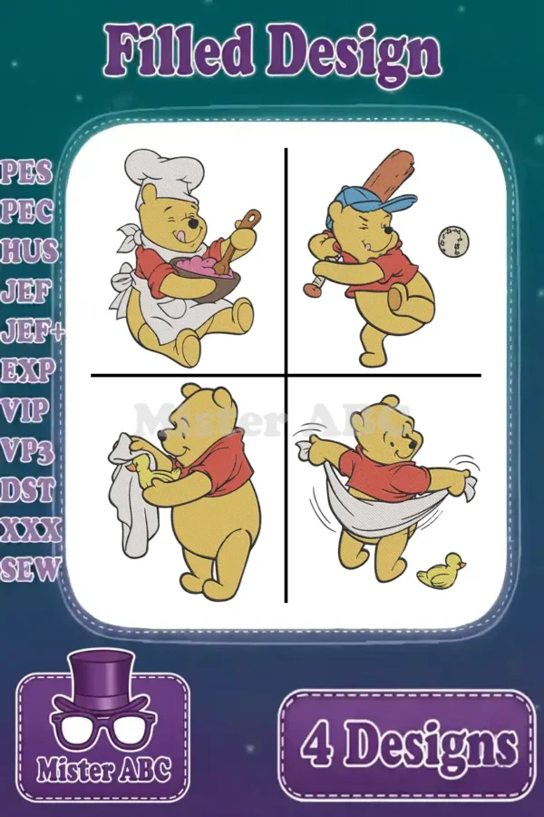 A vibrant embroidery design showcasing Winnie the Pooh in four distinct, filled stitch, playful scenarios.