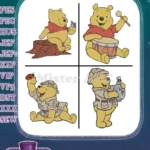 Winnie The Pooh Bear - Log Drumming Detective Winter Clothes Poses - Musical Mystery And Seasonal Pooh - Filled Embroidery Design - Instant Download
