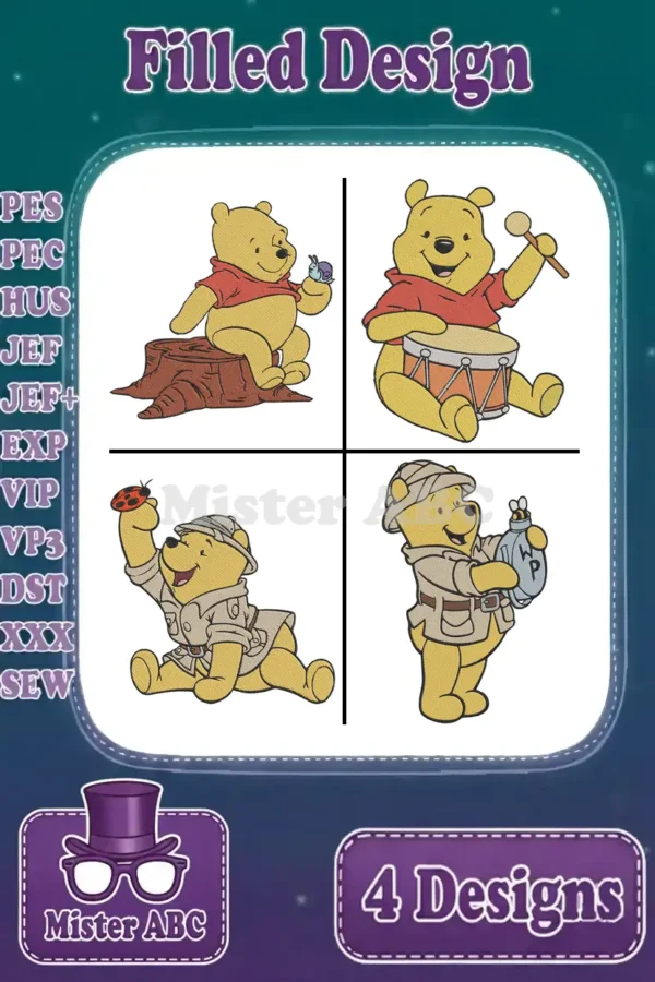 Four charming Winnie the Pooh filled embroidery designs in a bundle, ready for various crafting projects.