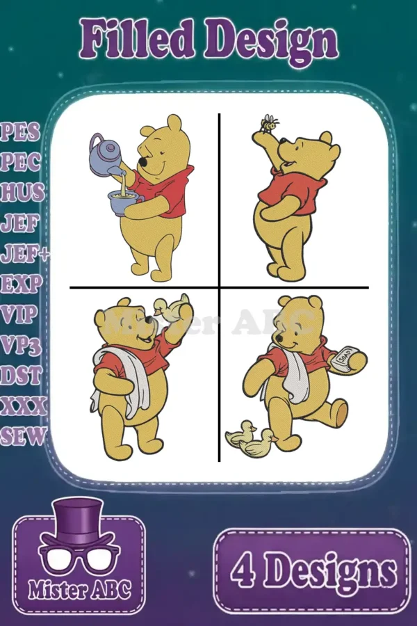 A collection of four charming Winnie the Pooh filled embroidery designs, ready for various machine formats, showcasing beloved character poses.