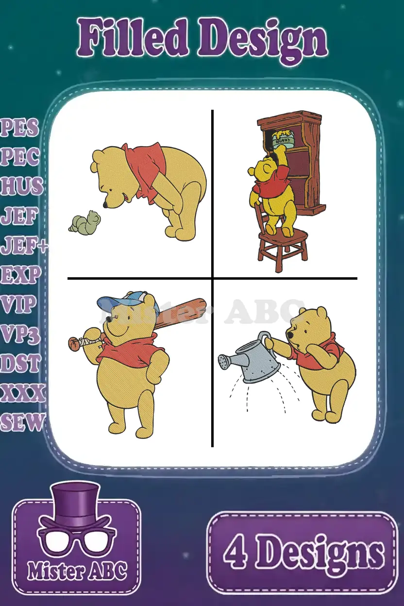Four adorable Winnie the Pooh filled embroidery designs, showcasing Pooh with a caterpillar, honey, baseball bat, and watering can.