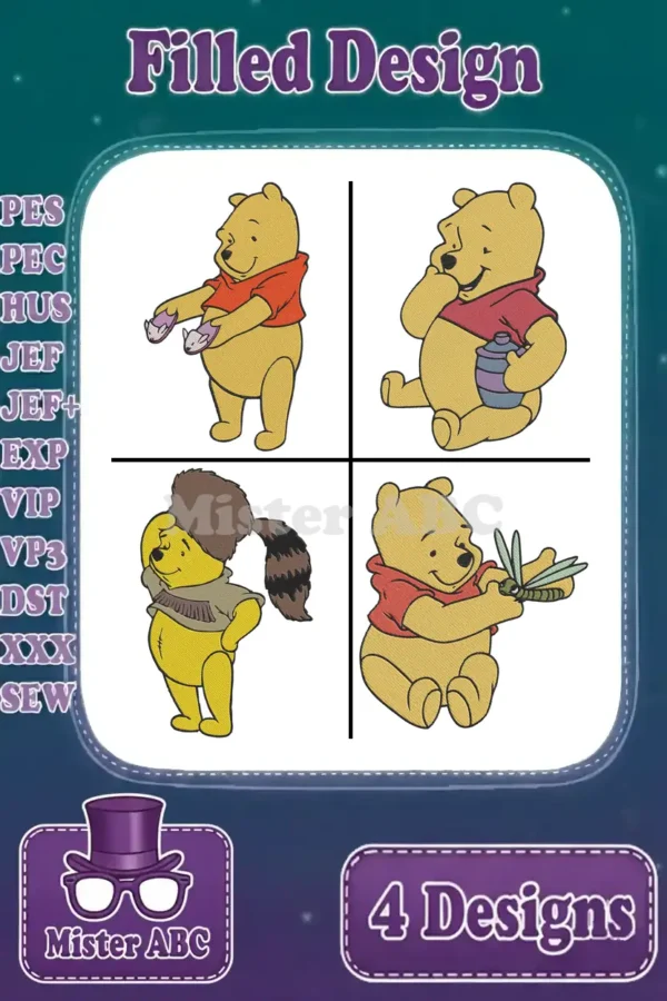 A grid displaying four unique filled embroidery designs of Winnie the Pooh, ready for various projects and apparel.