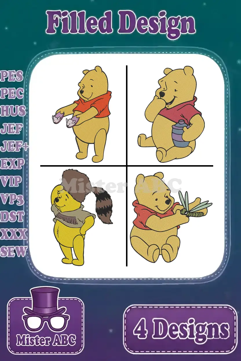 A grid displaying four unique filled embroidery designs of Winnie the Pooh, ready for various projects and apparel.