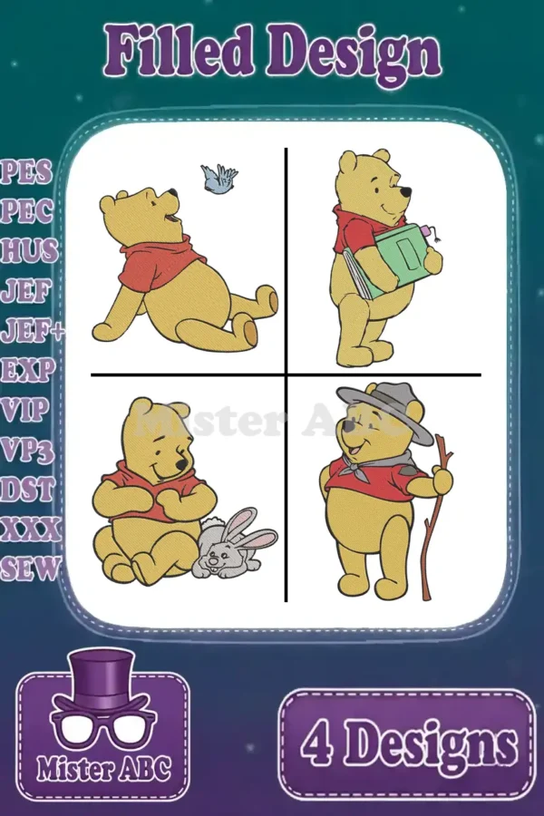 A vibrant collage showcasing four distinct Winnie the Pooh filled embroidery designs, ready for various crafting projects.