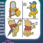Winnie The Pooh Bear - Mirror Baseball Umbrella Drinking Poses - Daily Life In Hundred Acre Wood - Filled Embroidery Design - Instant Download