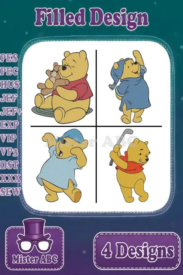 A collection of four filled embroidery designs featuring Winnie the Pooh in various adorable poses and outfits.