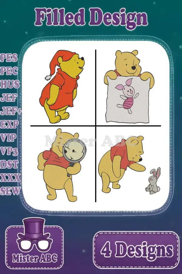 A vibrant display of four filled embroidery designs featuring Winnie the Pooh in various charming poses.