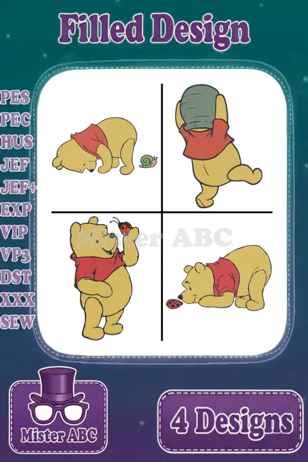 A vibrant main image displaying four unique Winnie the Pooh filled embroidery designs, ready for various formats.