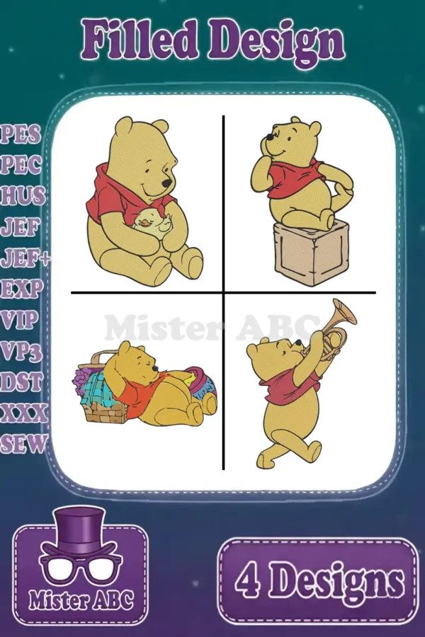 A vibrant display of four distinct Winnie the Pooh filled embroidery designs, showcasing various poses and available formats.