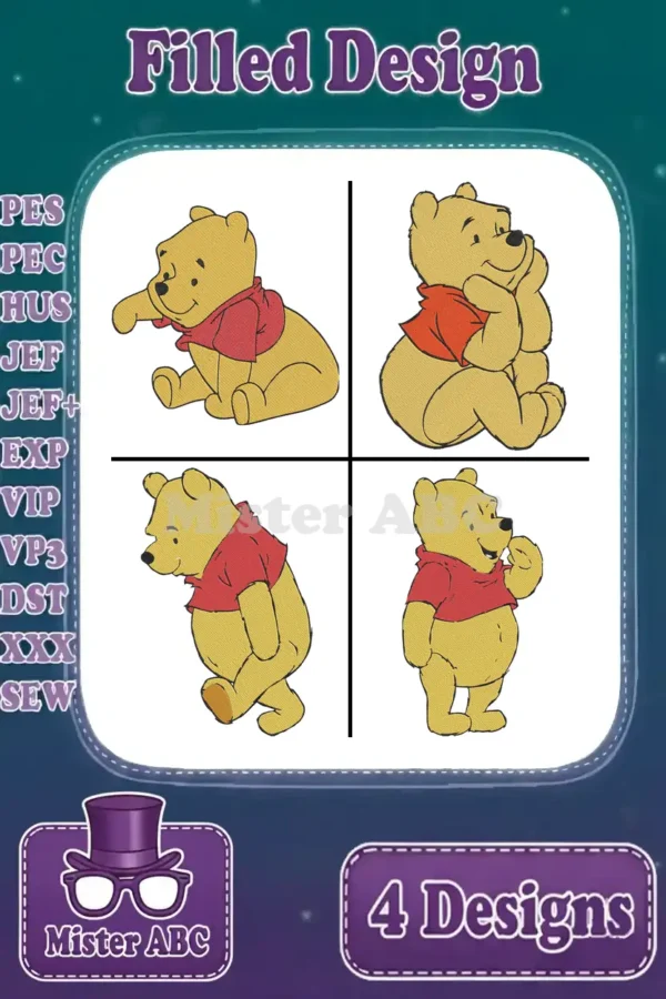 Four charming Winnie the Pooh filled embroidery designs in various poses, showcasing available machine formats.