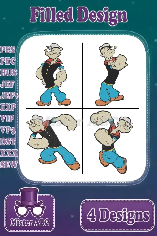 A vibrant collection of four Popeye the Sailor Man filled embroidery designs, showcasing various dynamic poses.