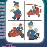 Postman Pat With Jess The Cat Delivering Mail Van Helicopter Greendale Set - Filled Embroidery Design - Instant Download