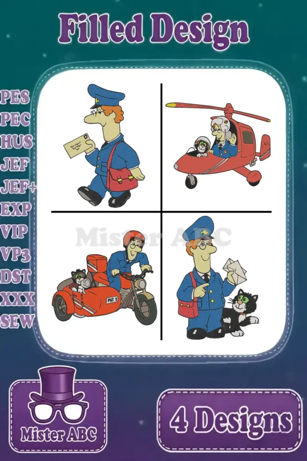 Four vibrant Postman Pat filled embroidery designs including Pat walking, in a helicopter, on a motorcycle, and with Jess.