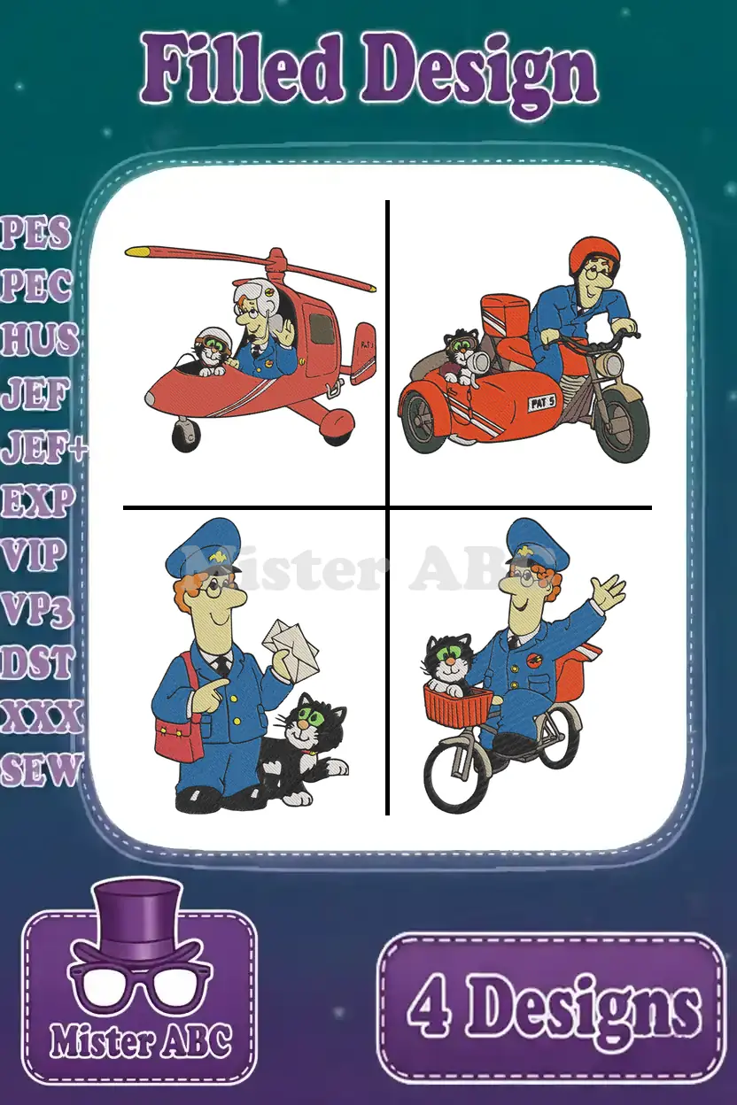 A vibrant Postman Pat embroidery bundle showcasing four distinct filled designs for various crafting projects.