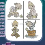 Precious Moments Boy Girl Tricycle Flowers Washing In Barrel Innocent Love - Filled Embroidery Design - Instant Download