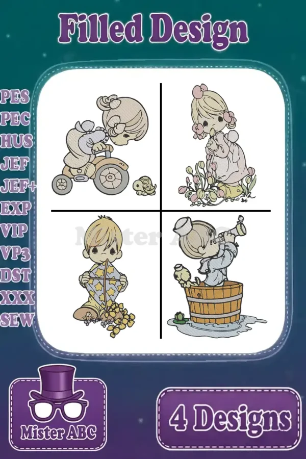 Four heartwarming Precious Moments style filled embroidery designs: tricycle, flowers, stars, and sailor, with format list.