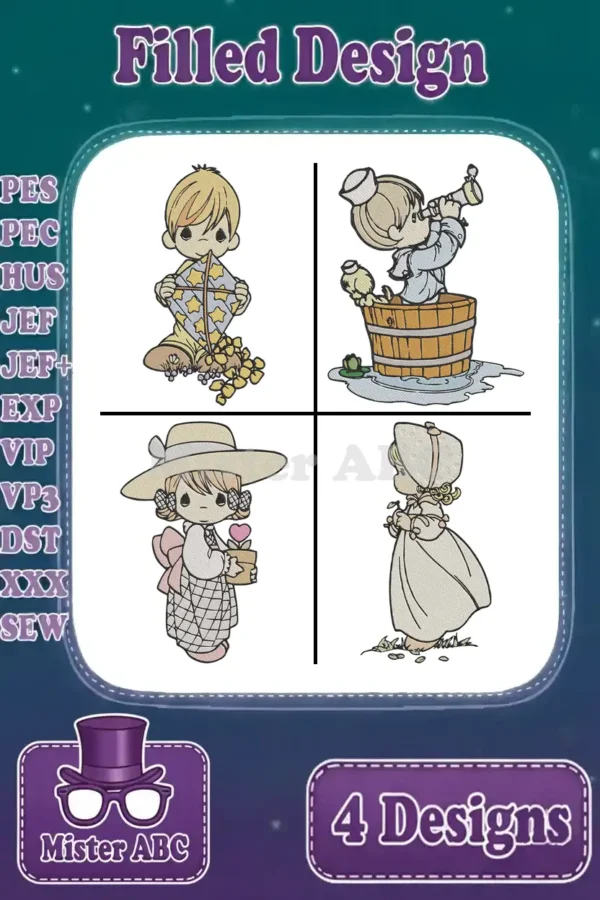 A compilation of four adorable Precious Moments-style filled embroidery designs, showcasing diverse character poses.