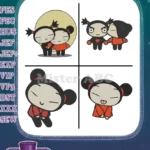 Pucca And Garu Ninja Love Story Couple Kissing Back To Back Cute Characters - Filled Embroidery Design - Instant Download